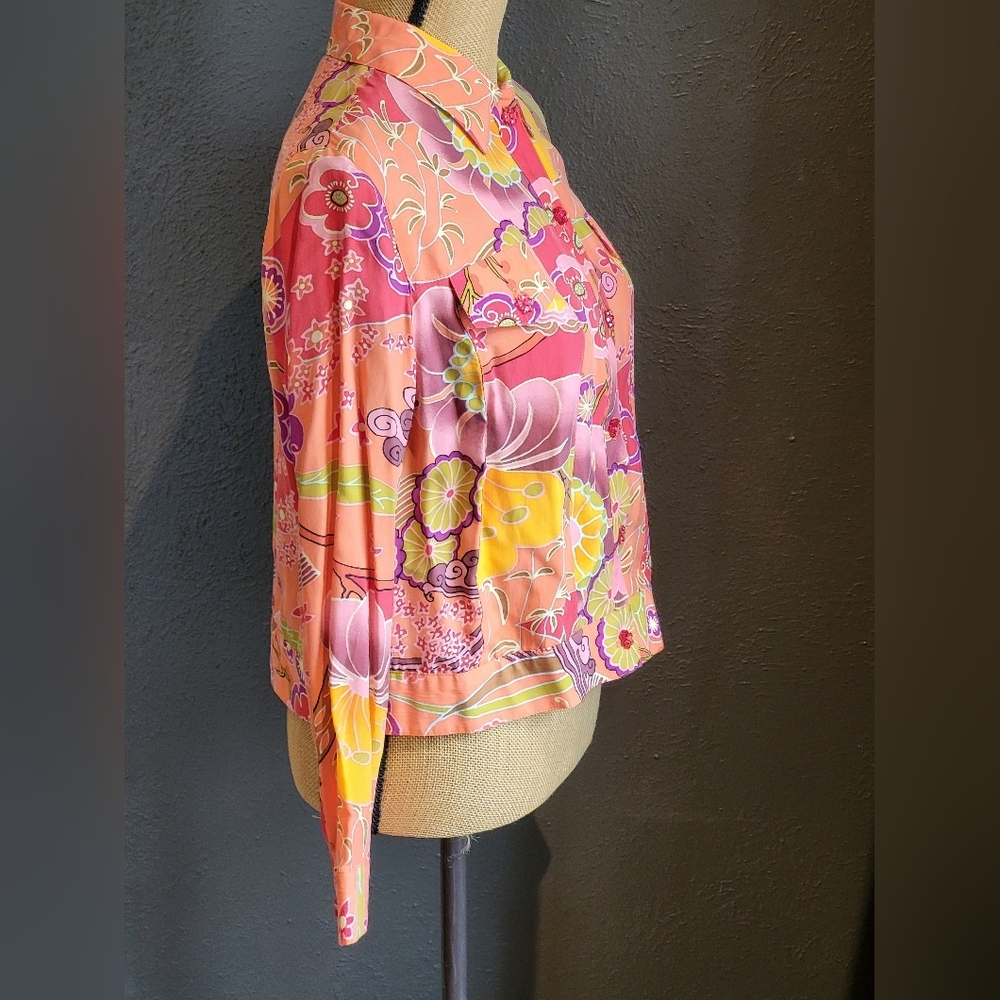 FL Malik Medium Orange And Pink Floral Cupra Cropped Blouse - Picture 2 of 8
